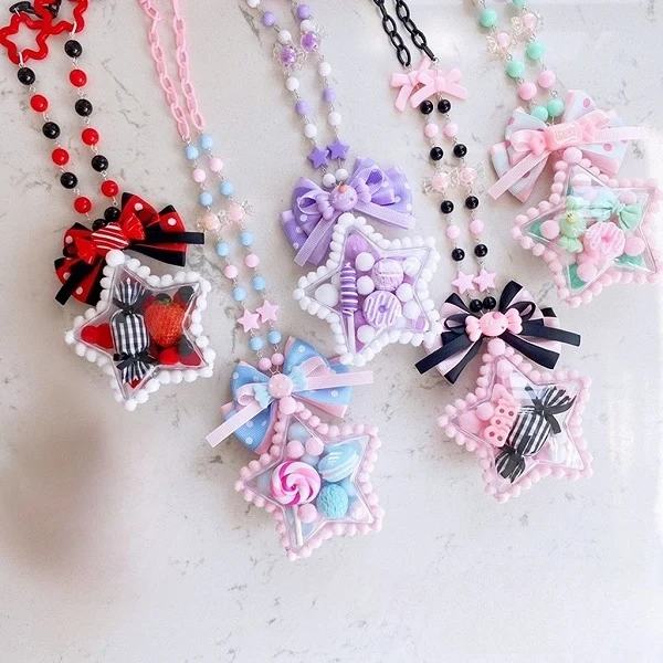 [£7.37]Star Bowknot and Bead Decora Kei  Necklace 12 Color Options