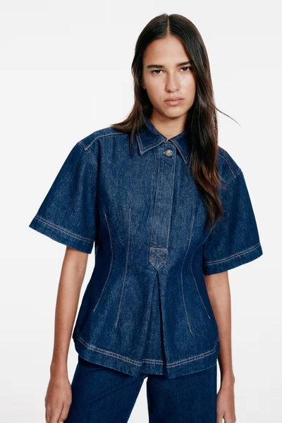 Defined-Waist Denim Shirt - Dark denim blue