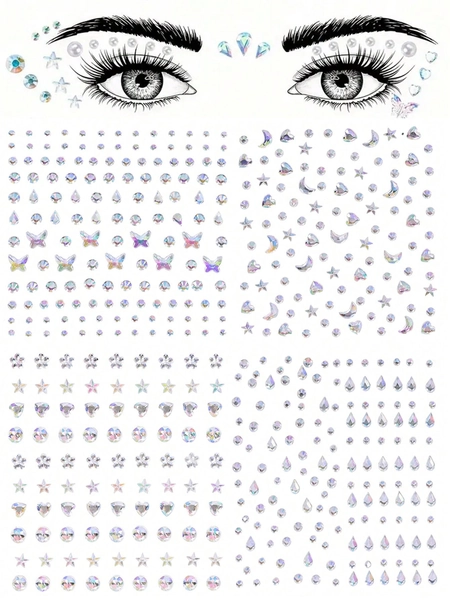 4pcs Self-Adhesive DIY Pentagram Face Decor Stickers, 4pcs Glitter Acrylic Rhinestone Stickers With Star, Moon, Butterfly & Flower Patterns, Suitable For Face, Wedding, Birthday Party, Music Festival Makeup, Y2K Retro Style Artistic Body Painting Glitter Temporary Tattoo Stickers