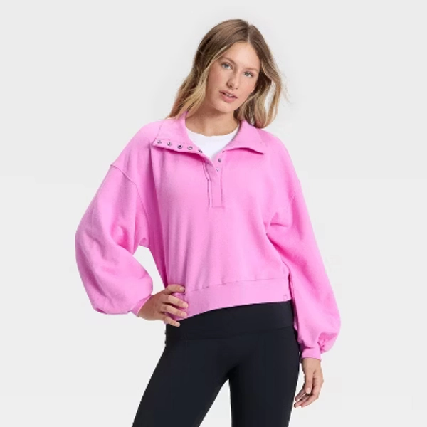 Women's Henley French Terry Sweatshirt - JoyLab™ Pink M