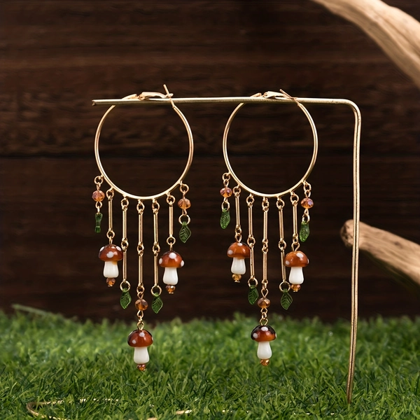 2pcs Bohemian Long Tassel Earrings with Geometric Large Hoops, Mushroom & Leaf Accents - Vintage & Minimalist Style, Zinc Alloy, Perfect for Daily Wear or Vacation, Novelty Earrings