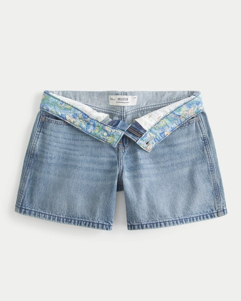 Low-Rise Medium Wash Foldover Waist Baggy Denim Shorts 5"