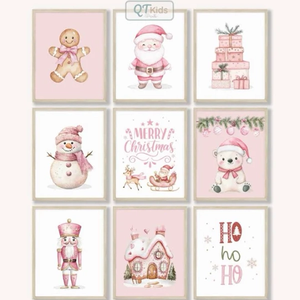 Pink Christmas Prints, Kids Playroom Christmas Decor, Girl Room Xmas Wall Art, Santa Snowman Reindeer Posters, DIGITAL DOWNLOAD