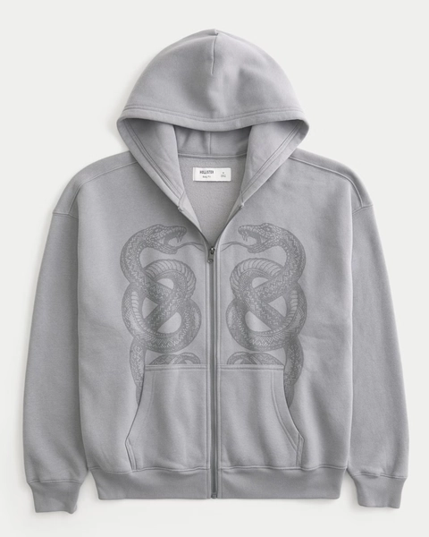 Hollister Boxy Zip-Up Double Snake Graphic Hoodie