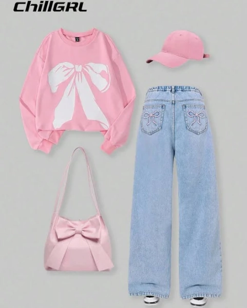 SHEIN Teen Girls Bow Printed Hoodie Sweatshirt and Embroidered Pocket Straight Leg Jeans