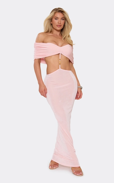 Bardot Beaded Trim Detail Cut Out Maxi Dress In Baby Pink