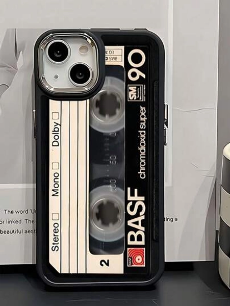 Recorder 1pc Black Vintage Cassette Tape Pattern Fully Protective TPU Shockproof Phone Case Compatible With Apple 16, 15, 14, 13, 12, 11 Pro Max Waterproof Anti-Fall Scratch Resistant