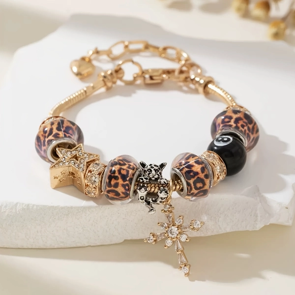 1pc Elegant Golden-Tone Snake Chain Bracelet with Leopard & Star Charms - DIY Rhinestone & Cross Pendant, Perfect for Daily & Party Occasions, Everyday Accessory|Vintageinspired Design|Durable Bracelet