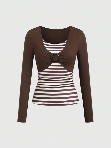 Sweetra Women's Brown Striped Y2K Baddie 2000s Style Retro Back To School Buckle Decor Fitted Comfortable Long Sleeve Crew Neck T-Shirt Fall Cloth For Women
