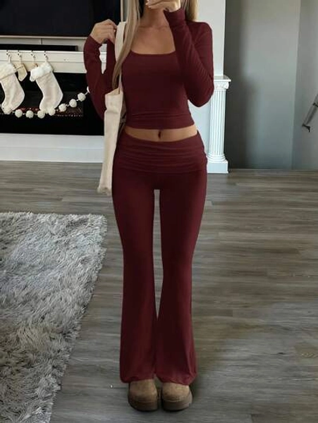 Women's Two Pieces Fall Clothes Y2K Slim Sexy Solid Color Square Collar Long Sleeve Top Pant Suit