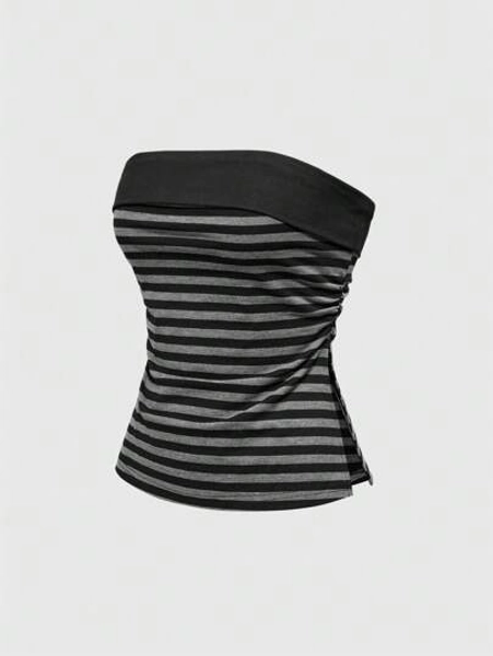 ROMWE Grunge Punk Summer Outfits For Women: Y2K Subculture Striped Patchwork Crop Top With Slit Hem Design