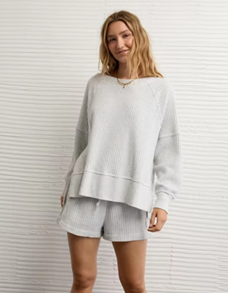 AE Big Hug Off-The-Shoulder Waffle Sweatshirt: Grey and XS