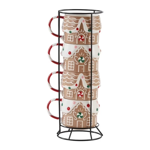 Gingerbread House Stacking Ceramic Mug Set 11.5 OZ 4-Piece Holiday Time