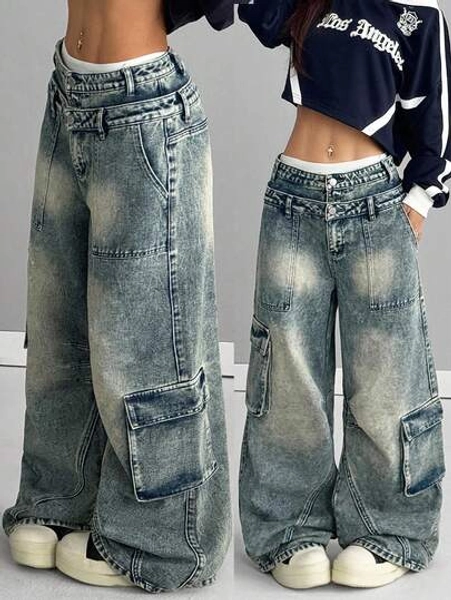 Coolane Women's Cargo Rapper Washed Grunge Jeans