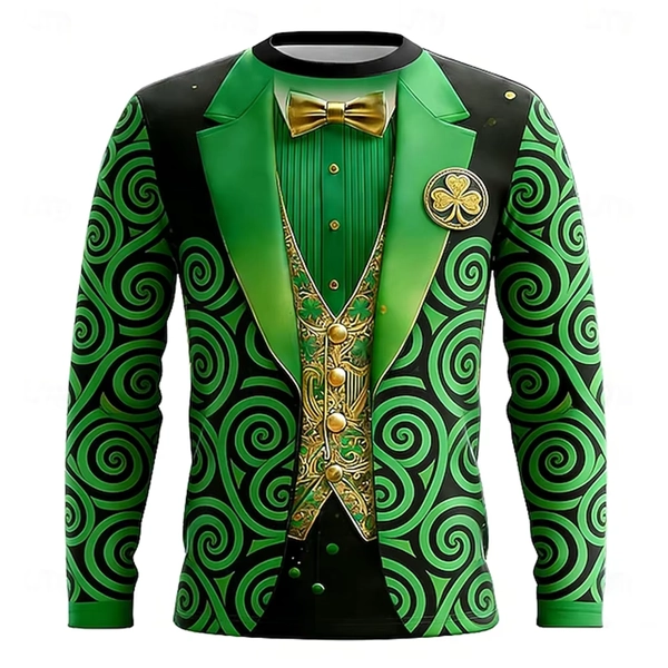 St Patricks Day Theme Style Men's Long Sleeve T Shirt Glowing Shamrock Golden Harp Faux Tuxedo Funny Irish Festival Green Tees - AliExpress 