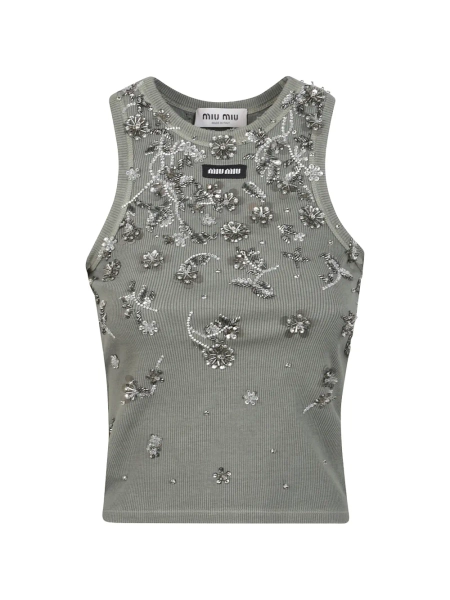 Miu Miu sequin-embellished Ribbed Top | Grey | FARFETCH