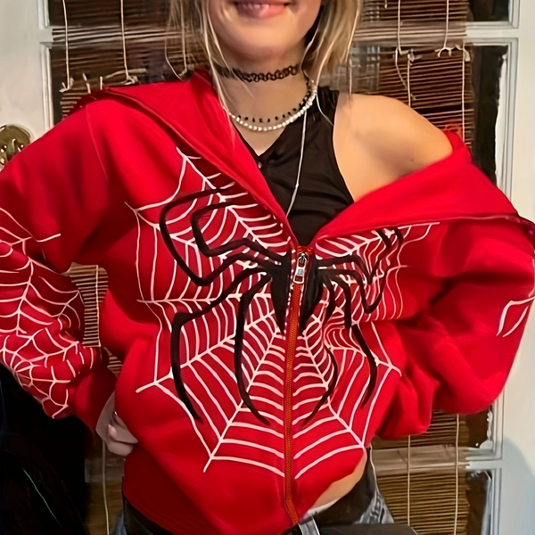 Plus Size - Plus Size - 2024 Spring Spider Web Zipper Sweater for Women, Casual Trendy Hoodie, Fleece American Jacket for Spring And Autumn, Sizes 0XL-5XL