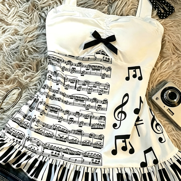 Y2K Millennium Style Music Symbol Print Cami Top, Niche Design, Piano Key Waist-Cinching, Ruffled Fitted Short Sleeveless Blouse