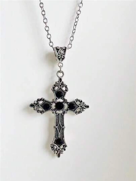 ROMWE Goth 1pc Fashion Zinc Alloy Cross Charm Necklace For Women For Daily Decoration