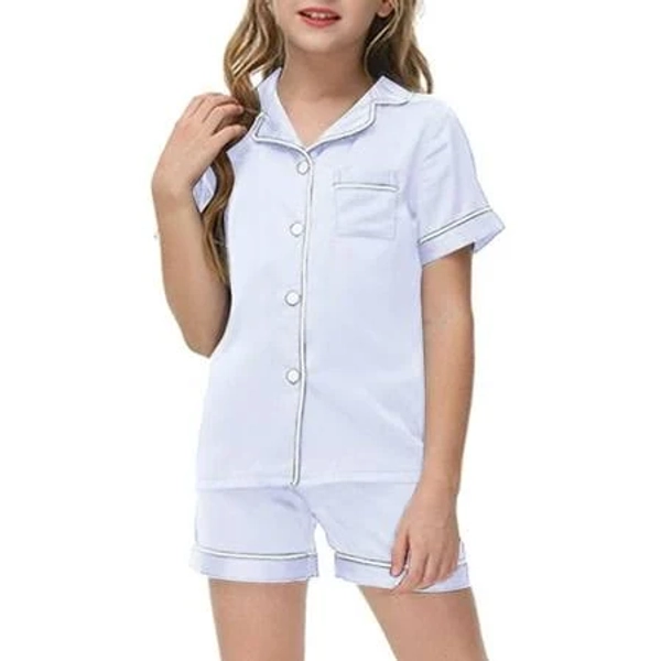 WENWU Girls Silk Pajamas Set Classic Silver Pajama Set Button Down Solid Tops T Shirt Set Sleepwear Loungewear Set Little Girl Pajamas Size 8-9 Years,