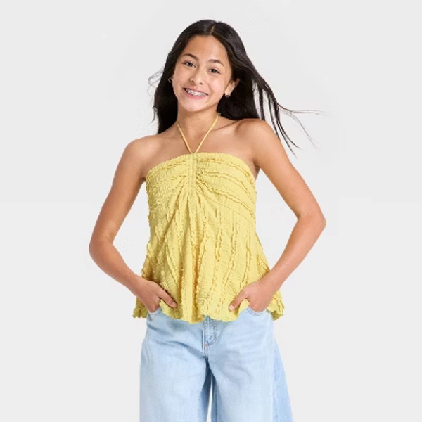 Girls' Strapless Textured Knit Babydoll Tank - art class™ Yellow L