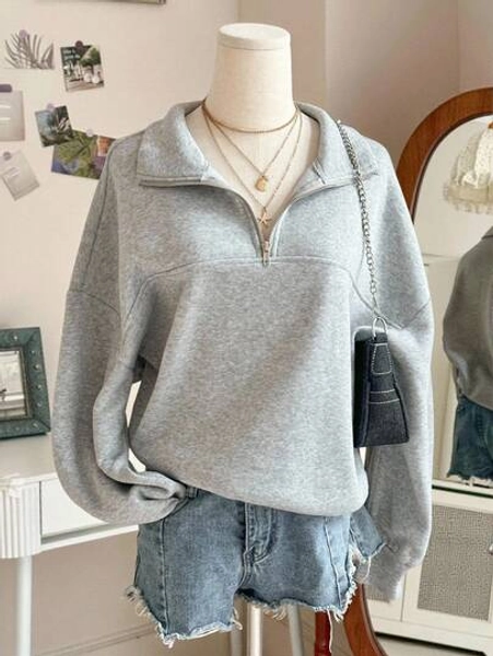 Teen Girl Solid Color Half-Zip Dropped Shoulder Long Sleeve Loose Casual Pullover Pullover Sweatshirt