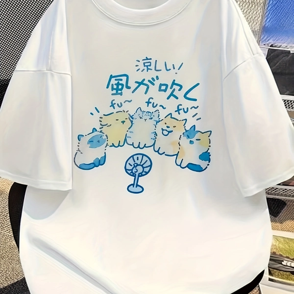 Korean-Style Cute Cat Print T-Shirt for Women | Soft, Stretchy Polyester Blend | Short Sleeve, Crew Neck | Machine Washable | Casual Summer Top with Fun Graphics | Spring/Summer Essential