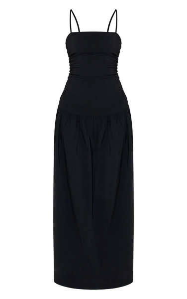 Black Stretch Woven Strappy Ruched Maxi Dress