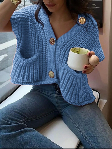 INAWLY Women's Autumn/Winter Metal Single-Breasted V-Neck Dual Pocket Casual Sweater Vest