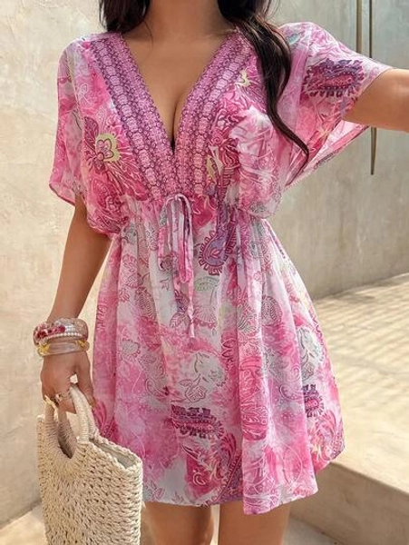 Sunnyshic Women's Casual Vacation Daily Versatile Fashion Paisley Print Batwing Sleeve Chiffon Mini Dress, Summer - Size XL