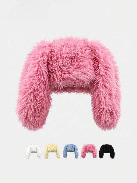 1pc Women's Sweet Cute Rabbit Ear Plush Hat, Winter Thickened Warm Anti-Cold Ear Protector Headwear, Spring New Cute Cartoon Rabbit Ear Decor Soft Furry Warm Plush Hat With Fun Design, Suitable For Outdoor Walks, Shopping, Daily Wear (Hat Circumference Slightly Small)