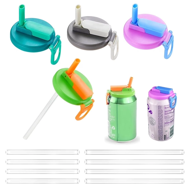 4 Pack Soda Can Lids with Silicone Straws, BPA-Free Reusable Covers for Standard Cans, Mixed Colors