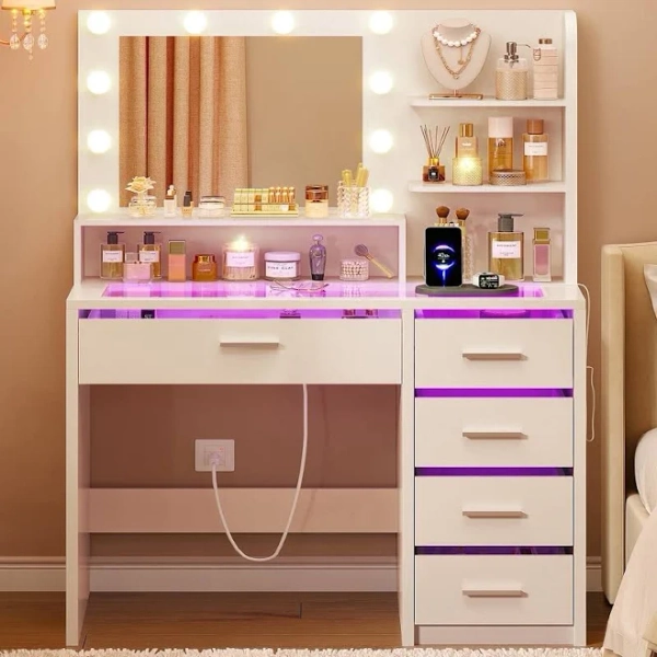 Makeup Vanity Set with Mirror & Lights Vanity Desk with RGB Drawers & Storage Shelves