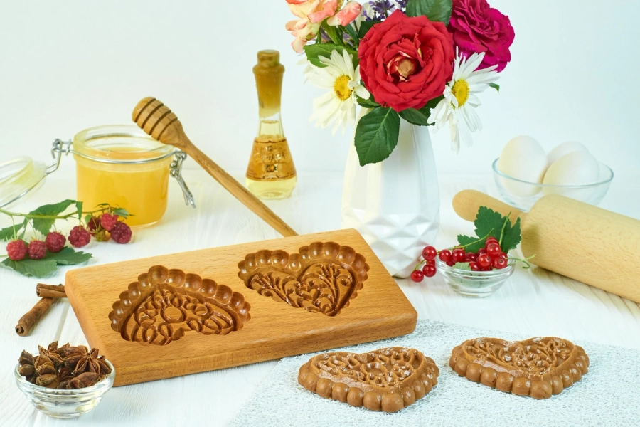 Beech Wood Springerle Mold: Two Heart Gingerbread Cookie Form