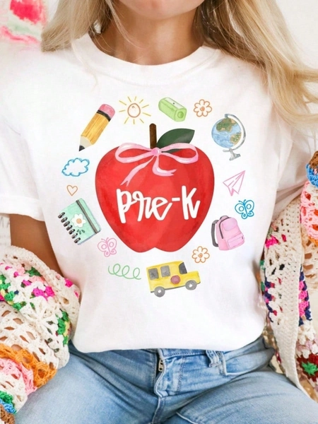 Pre-K Teacher Shirt Preppy Apple Bow Coquette Whimsical Back To School T-Shirt Teacher Teams Tee Appreciation Gift Shabby