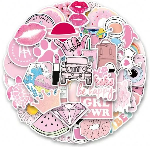 50PCS Pink Preppy Vinyl Aesthetic Kids Stickers For Scrapbook Journal Laptop Bumper Skateboard Water Bottle Computer Phone Car Cartoon Hard,one-size