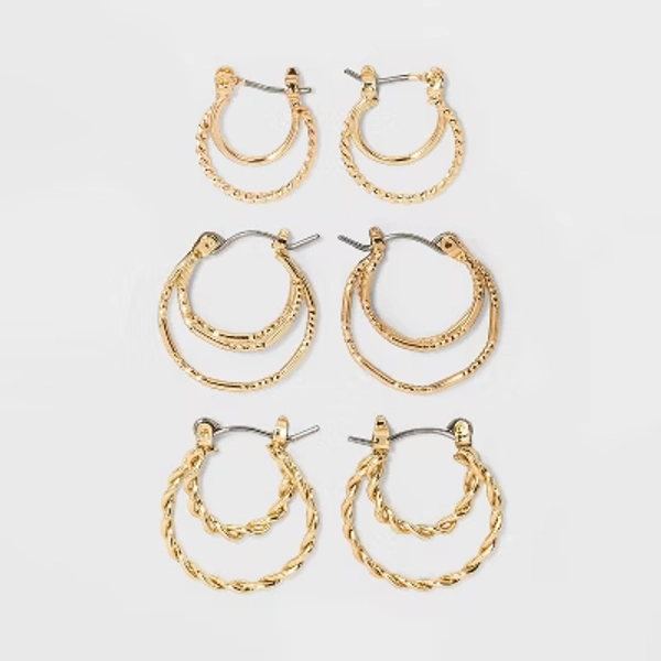 Click Top Faux Duo Hoop Earring Set 3pc - Wild Fable™ Gold: Brass, Nickel-Free Metal Jewelry