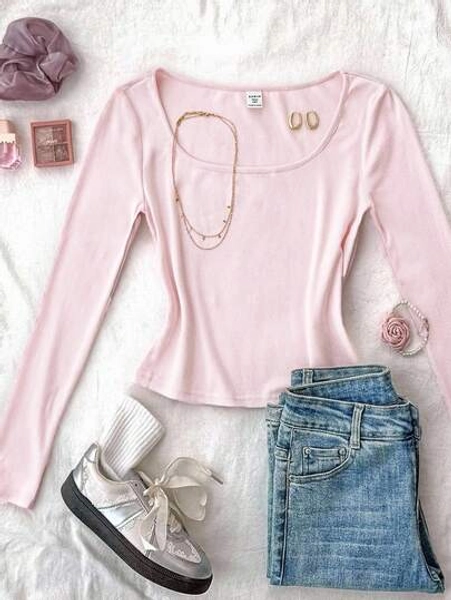 Teen Girls' Solid Color Crew Neck Fitted Casual Cropped Long Sleeve T-Shirt Tops Cute Cute Clothes Long Sleeve Top Girl Girl Clothes Teen Girl Clothes Top