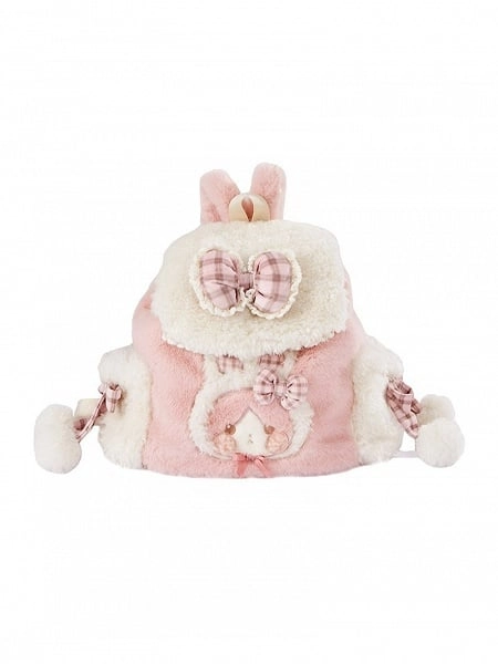 [£42.53]Lolita Bag Double Shoulder Plush Bunny Backpack with Bowknot Accents