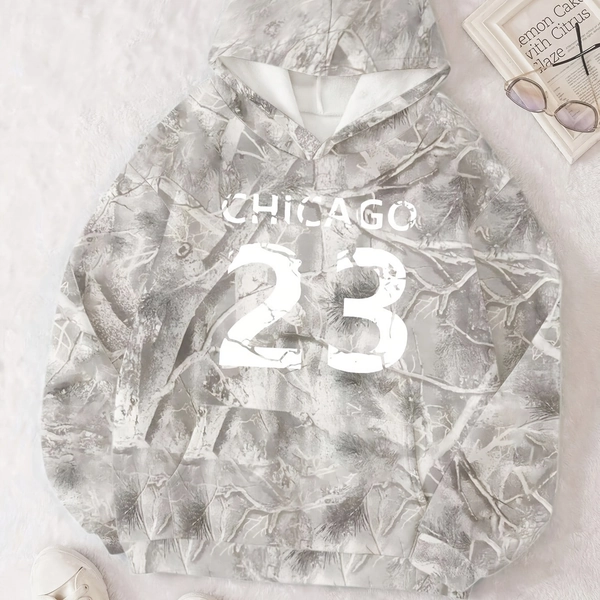 Women's -Inspired Tie-Dye Hooded Sweatshirt - Oversized Grey/White Camo Print Hoodie with 23 Number Design, Text & Pocket, Machine Washable Winter Warmth, Casual Wear (No Dryer) - Elegant Collection