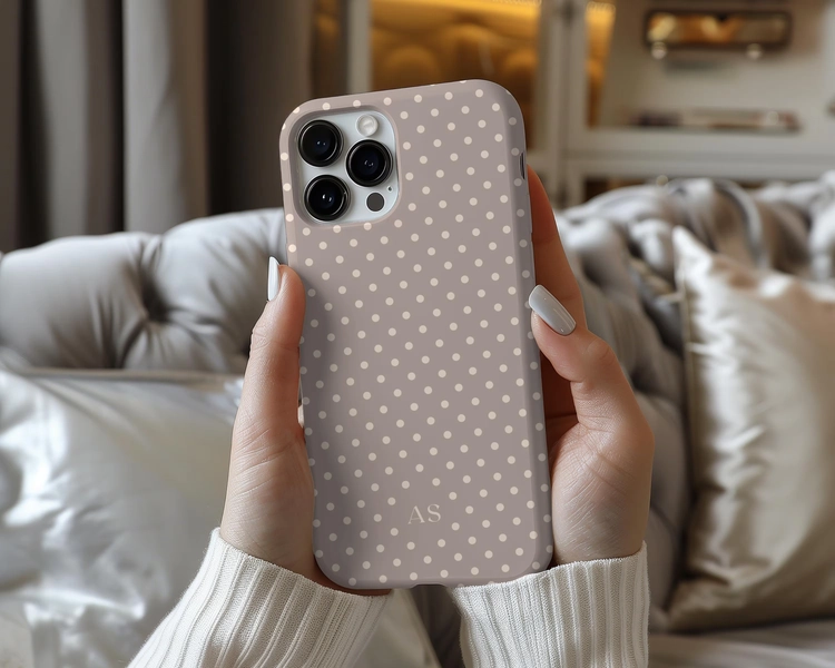 Personalized Polka Dot iPhone Case, Brown Cream Dots, Custom Initials