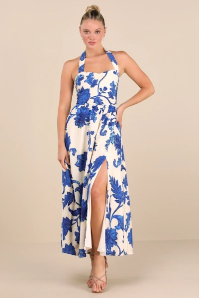Layton Blue and Cream Floral Halter Maxi Dress