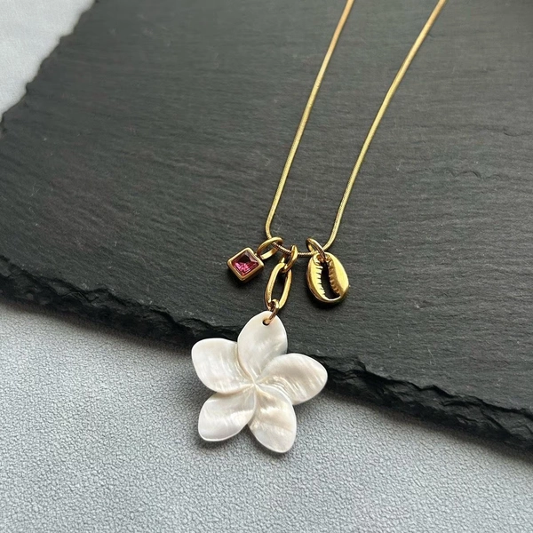 Gold Stainless Steel Charm Necklace: Shell, Flower & Rhinestone Pendants