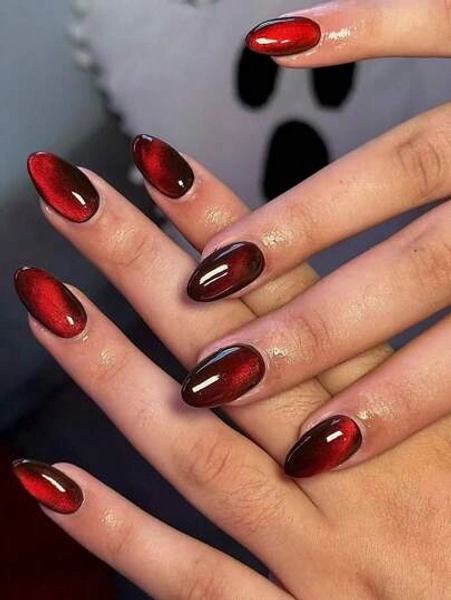 Instantly Upgrade Your Look With, 24Pcs Y2K Short Oval Aesthetic Blood-Red Crystal Cat Eye Tip Press On Nails Short Fit Perfectly Acrylic False Nails Set, Contain 1Pc Jelly Glue And 1Pc Nail File, Rednail For Women And Girls Diy Daily Work, Study And Party Use Nail Supplies Nails