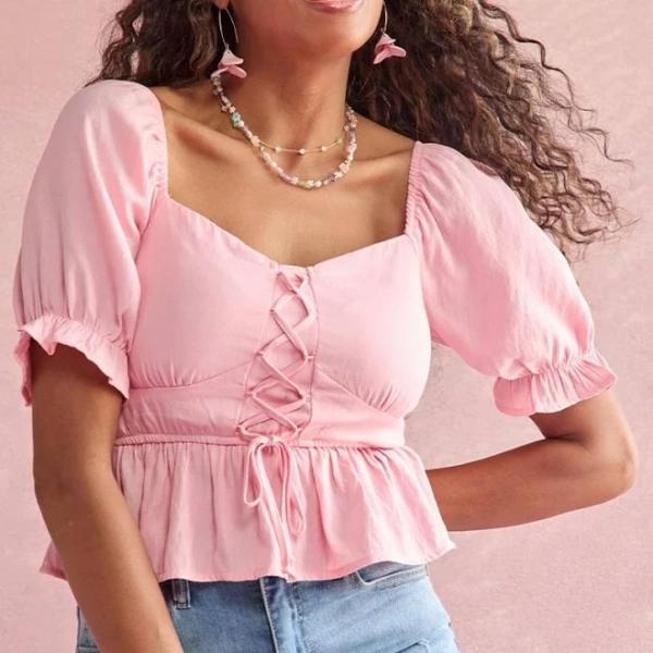 Francesca's Marisa Lace Up Front Short Sleeve Blouse