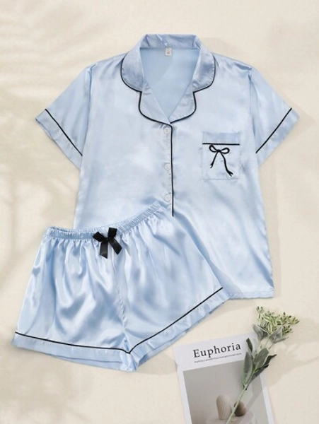 2pcs/Set Women's Bow Embroidered Satin Summer Pajama Set, Short Sleeve Button-Down Shirt And Shorts, Casual Loungewear For Summer, Two Pieces Set, Cool Light Blue