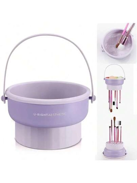 1Pc Makeup Brush Cleaner Mat 3 In 1 Silicone Makeup Brush Cleaner Bowl Cosmetic Brushes Cleaning Tool Makeup Cleaner For Brushes (Purple)