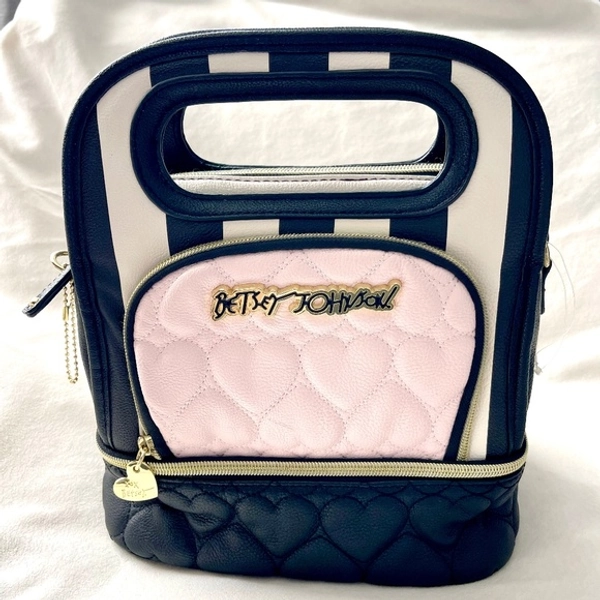 NWOT Betsy Johnson Insulated Quilted Heart Lunch Tote Bag Pink White Blk Stripe