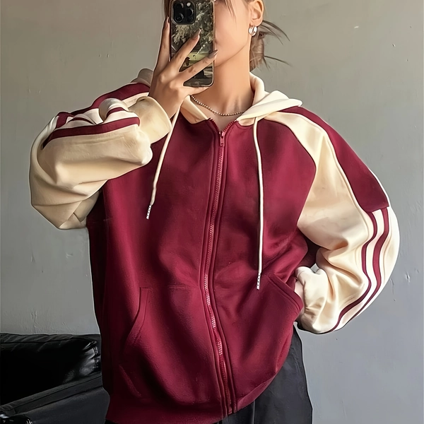 Plus Size, Women's Burgundy & Color-Block Hooded Oversized Sweatshirt Jacket - White Piping Trim, Relaxed Fit Winter Coat,, Casual Outerwear (Maroon/) - Machine Washable Fall Winter Sweater