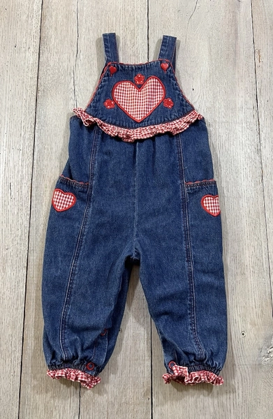 Vintage Avon Style Patchwork Heart Denim Jean Overalls Size 9-12 Months